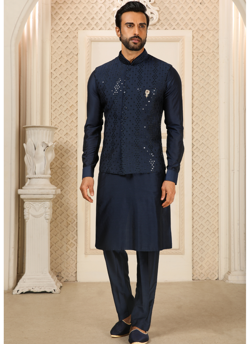 Sequence Work Navy Blue Nehru Jacket With Bottom In Art Silk