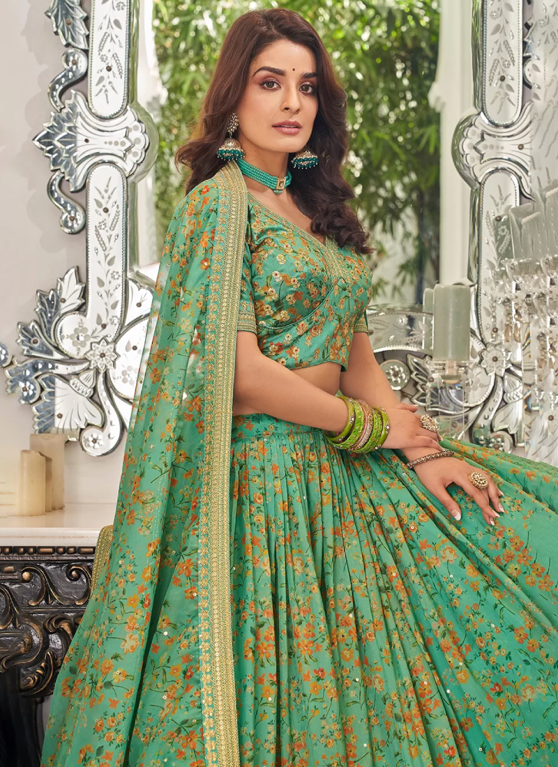 Sequence Work Sea Green Organza Lehenga Choli For Sangeet