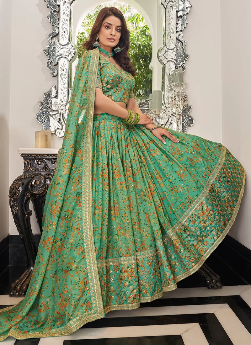 Sequence Work Sea Green Organza Lehenga Choli For Sangeet