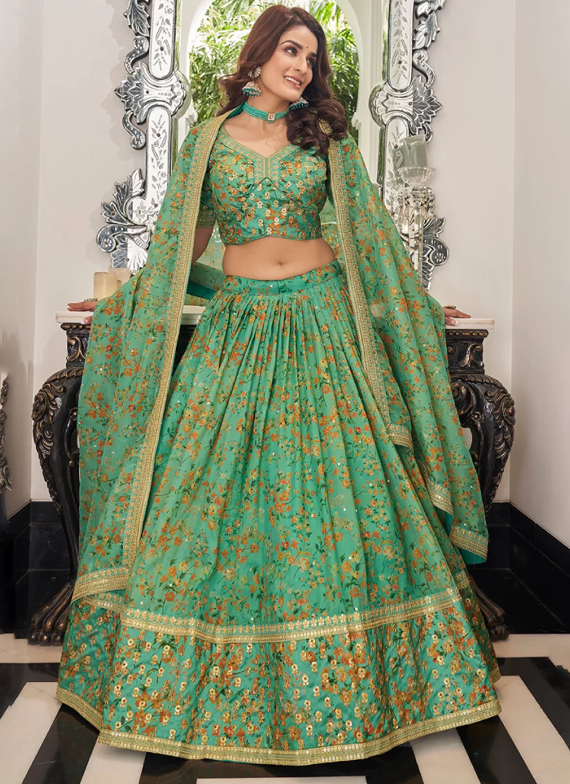 Sequence Work Sea Green Organza Lehenga Choli For Sangeet