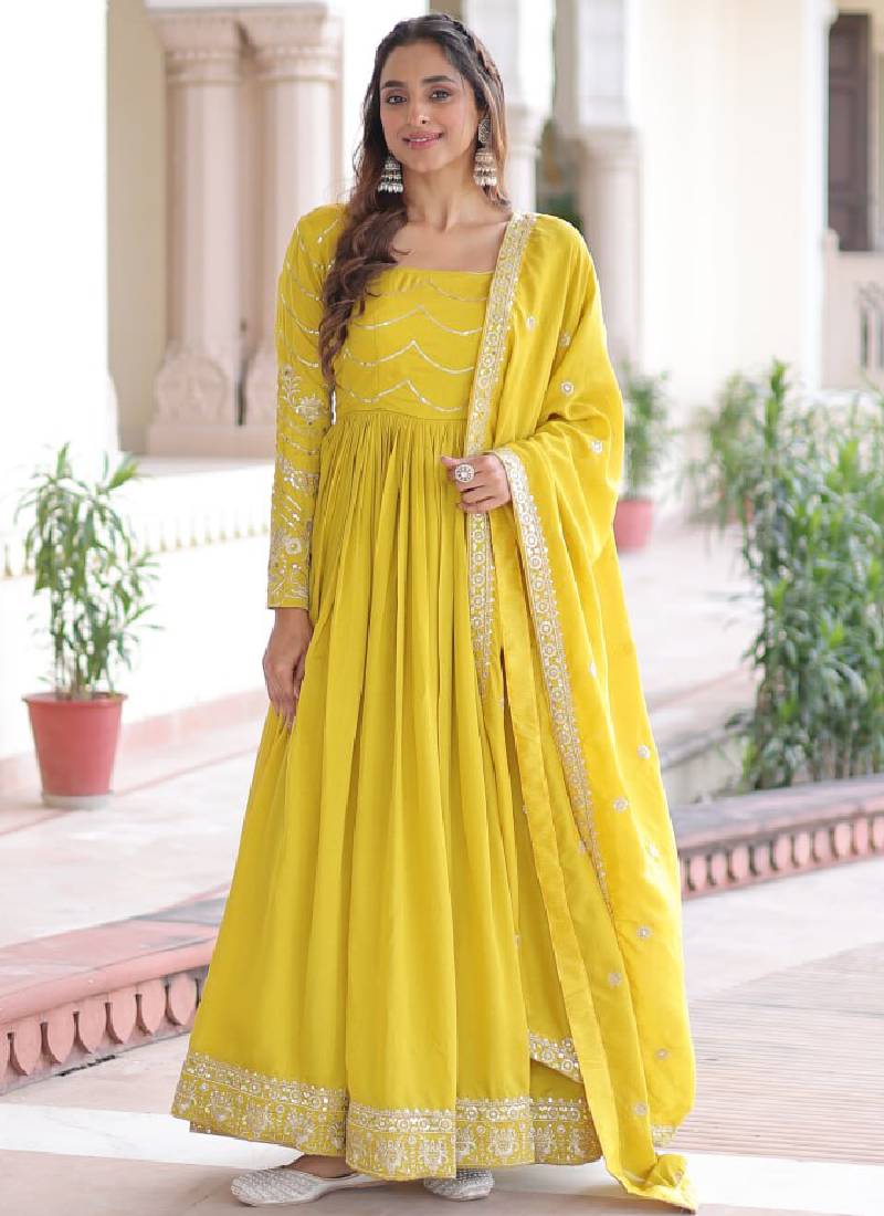 Sequence Work Vichitra Silk Haldi Wear Yellow Anarkali Long Gown