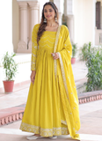 Sequence Work Vichitra Silk Haldi Wear Yellow Anarkali Long Gown