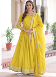 Sequence Work Vichitra Silk Haldi Wear Yellow Anarkali Long Gown