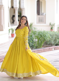 Sequence Work Vichitra Silk Haldi Wear Yellow Anarkali Long Gown