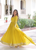 Sequence Work Vichitra Silk Haldi Wear Yellow Anarkali Long Gown