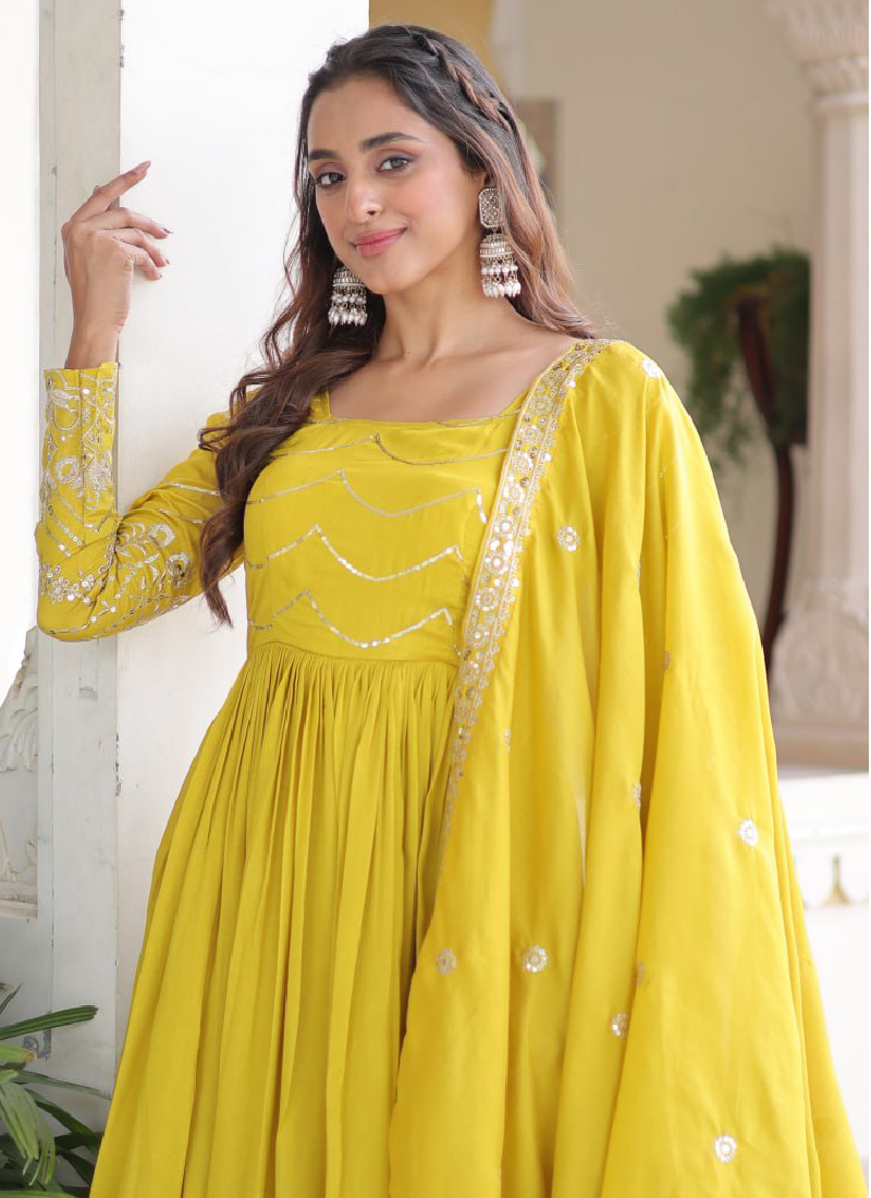 Sequence Work Vichitra Silk Haldi Wear Yellow Anarkali Long Gown