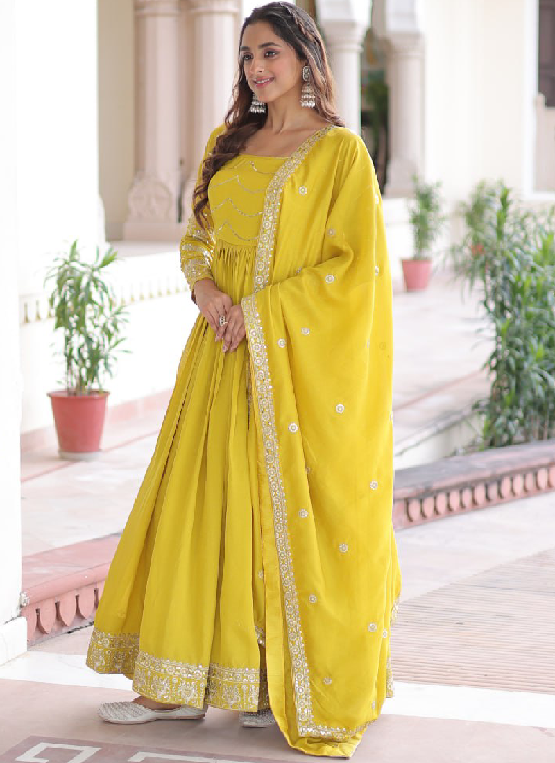 Sequence Work Vichitra Silk Haldi Wear Yellow Anarkali Long Gown