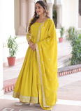 Sequence Work Vichitra Silk Haldi Wear Yellow Anarkali Long Gown