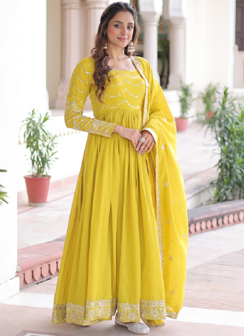 Sequence Work Vichitra Silk Haldi Wear Yellow Anarkali Long Gown