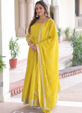Sequence Work Vichitra Silk Haldi Wear Yellow Anarkali Long Gown