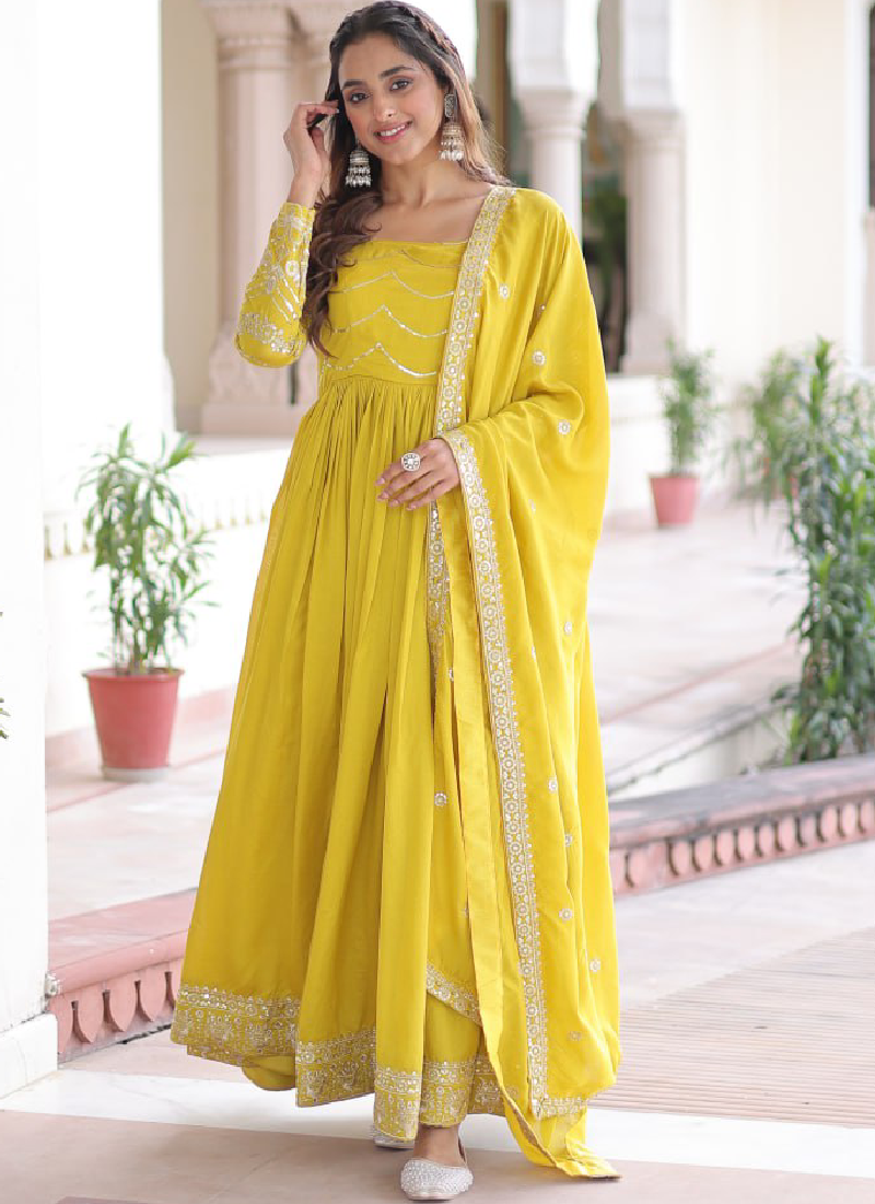 Sequence Work Vichitra Silk Haldi Wear Yellow Anarkali Long Gown