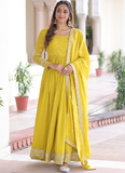 Sequence Work Vichitra Silk Haldi Wear Yellow Anarkali Long Gown