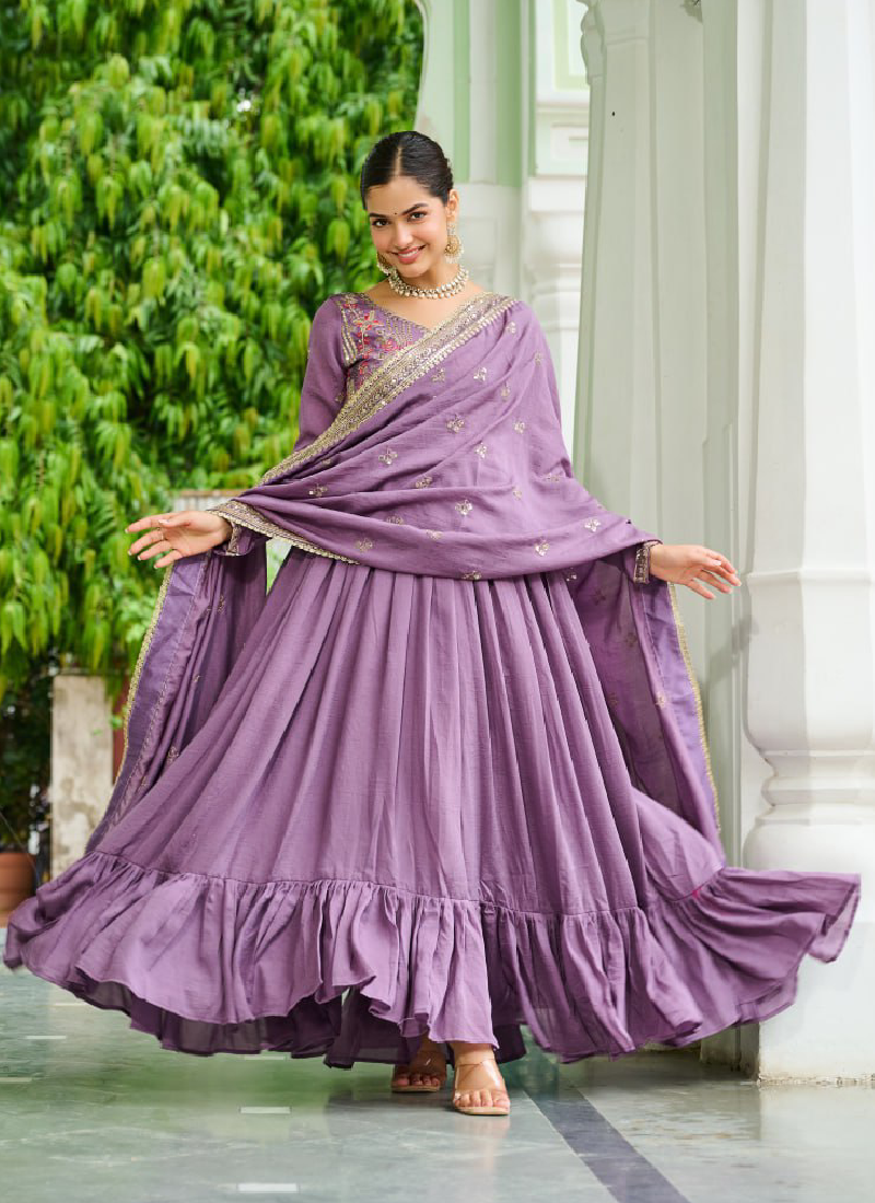 Sequence Embroidered Stylist Lavender Vichitra Silk Long Anarkali