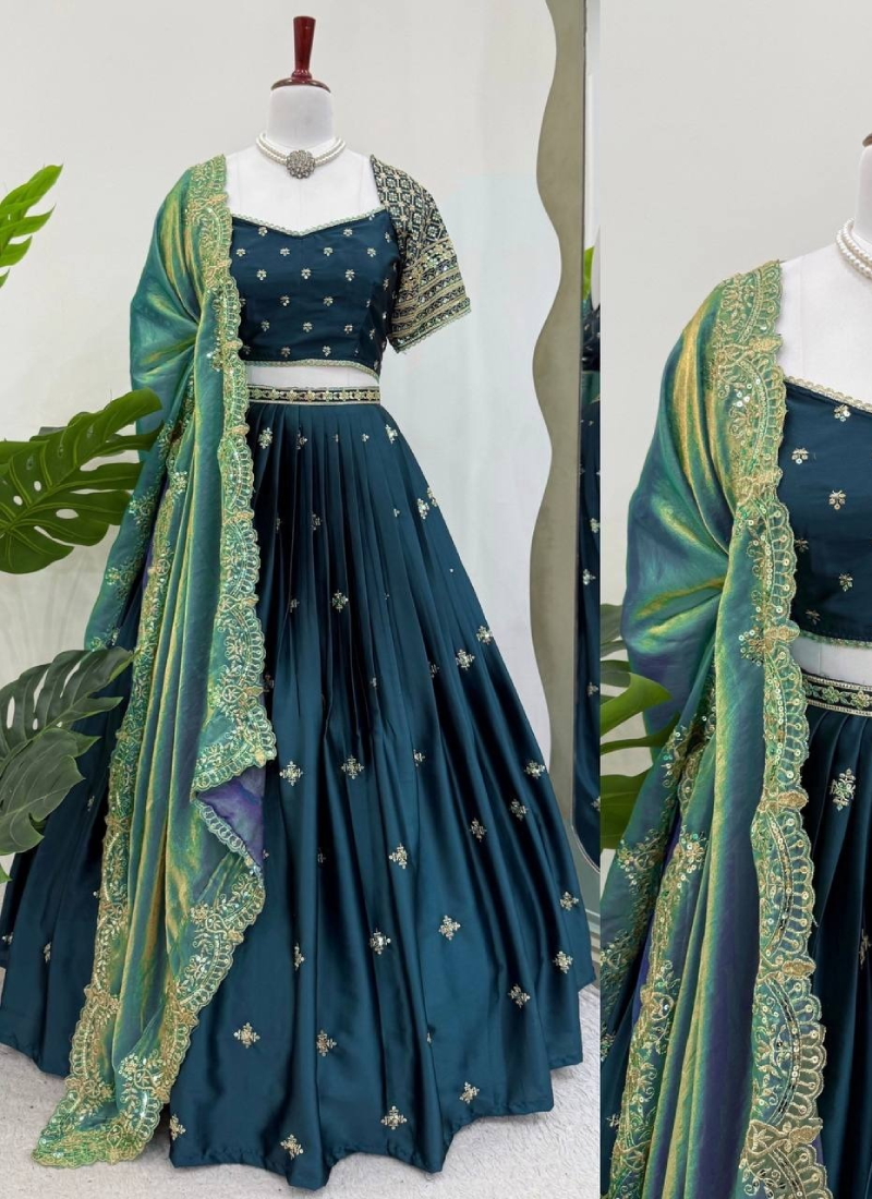 Sequence Embroidered Teal Blue Japan Satin Lehenga Choli With Dupatta