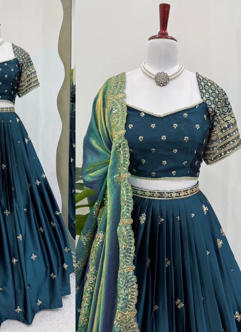 Sequence Embroidered Teal Blue Japan Satin Lehenga Choli With Dupatta