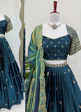 Sequence Embroidered Teal Blue Japan Satin Lehenga Choli With Dupatta