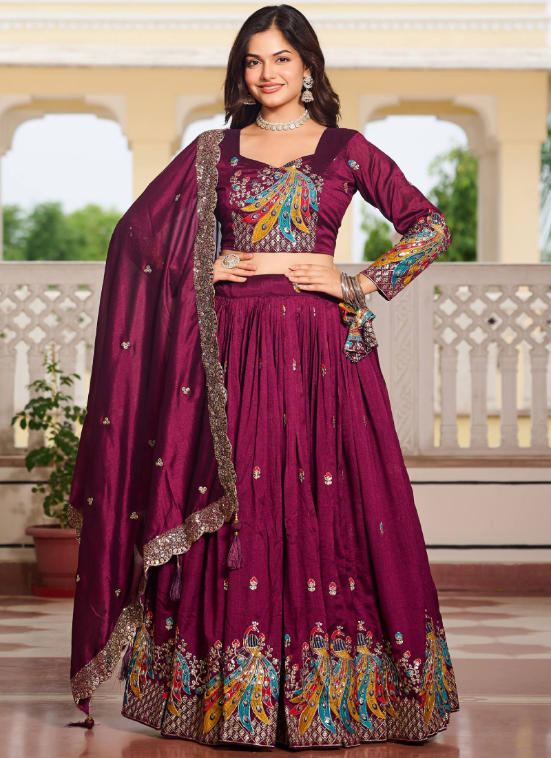 Sequence Embroidered Vichitra Silk Wine Lehenga Choli For Wedding