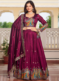 Sequence Embroidered Vichitra Silk Wine Lehenga Choli For Wedding