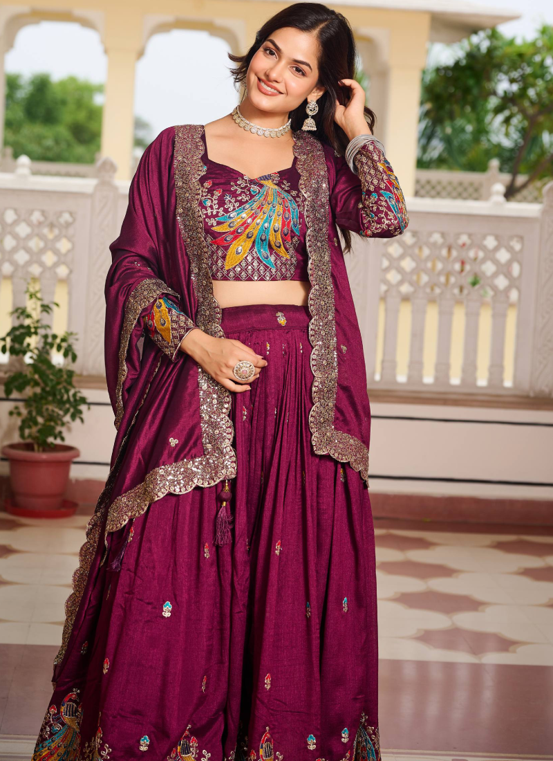 Sequence Embroidered Vichitra Silk Wine Lehenga Choli For Wedding