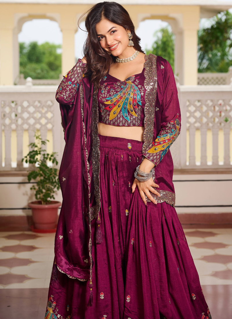 Sequence Embroidered Vichitra Silk Wine Lehenga Choli For Wedding