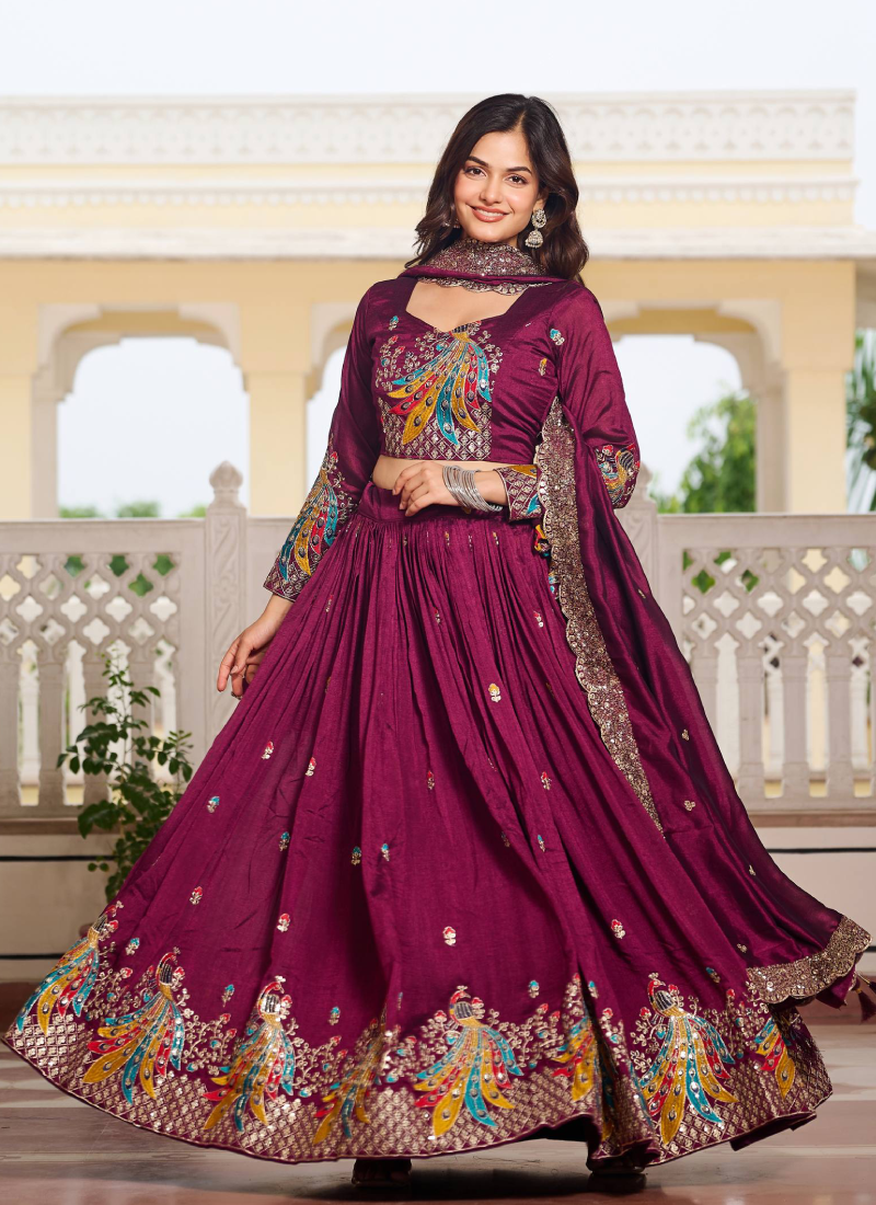 Sequence Embroidered Vichitra Silk Wine Lehenga Choli For Wedding
