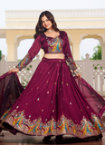 Sequence Embroidered Vichitra Silk Wine Lehenga Choli For Wedding