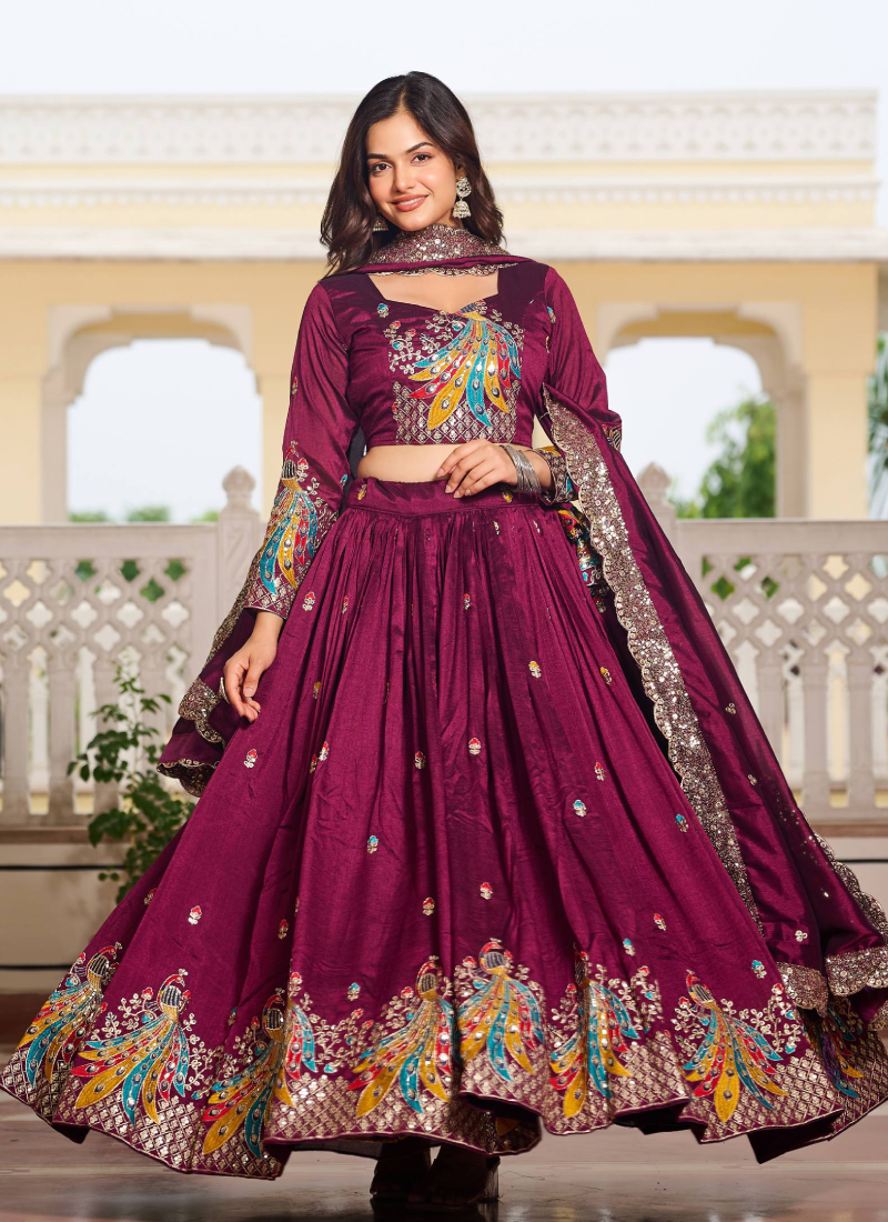 Sequence Embroidered Vichitra Silk Wine Lehenga Choli For Wedding