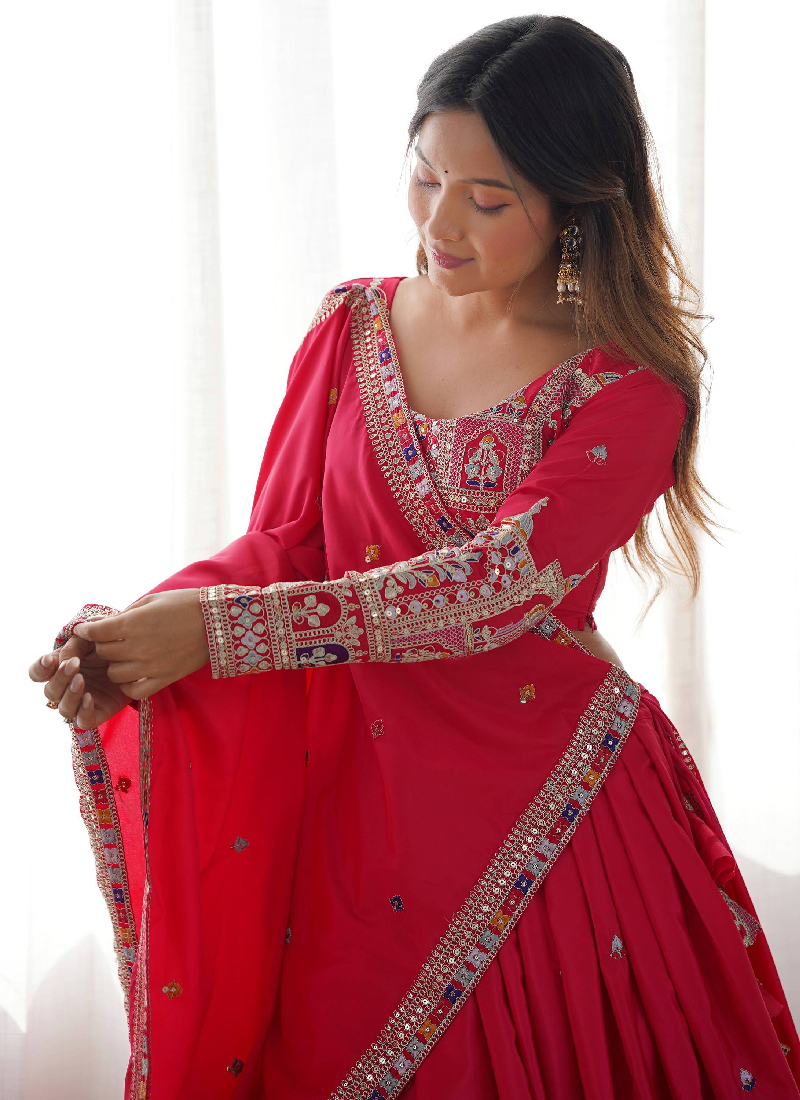 Sequence Embroidery Work Crepe Silk Red Lehenga Choli For Wedding