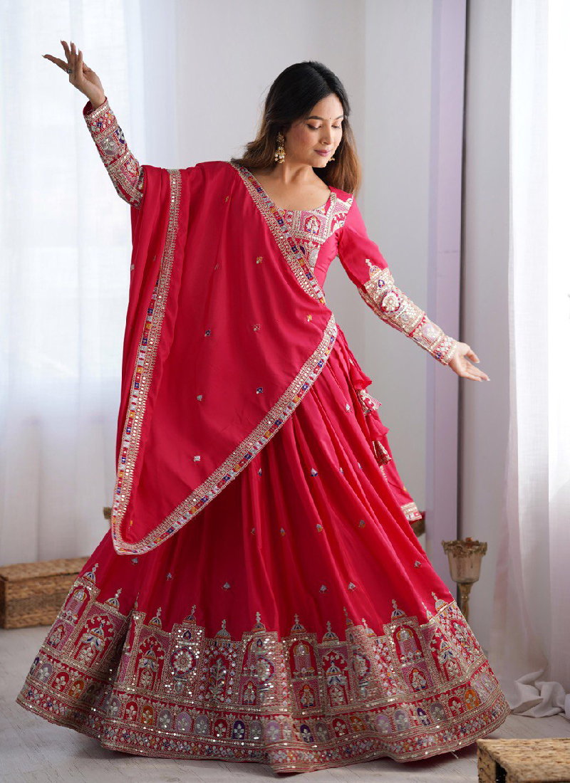 Sequence Embroidery Work Crepe Silk Red Lehenga Choli For Wedding