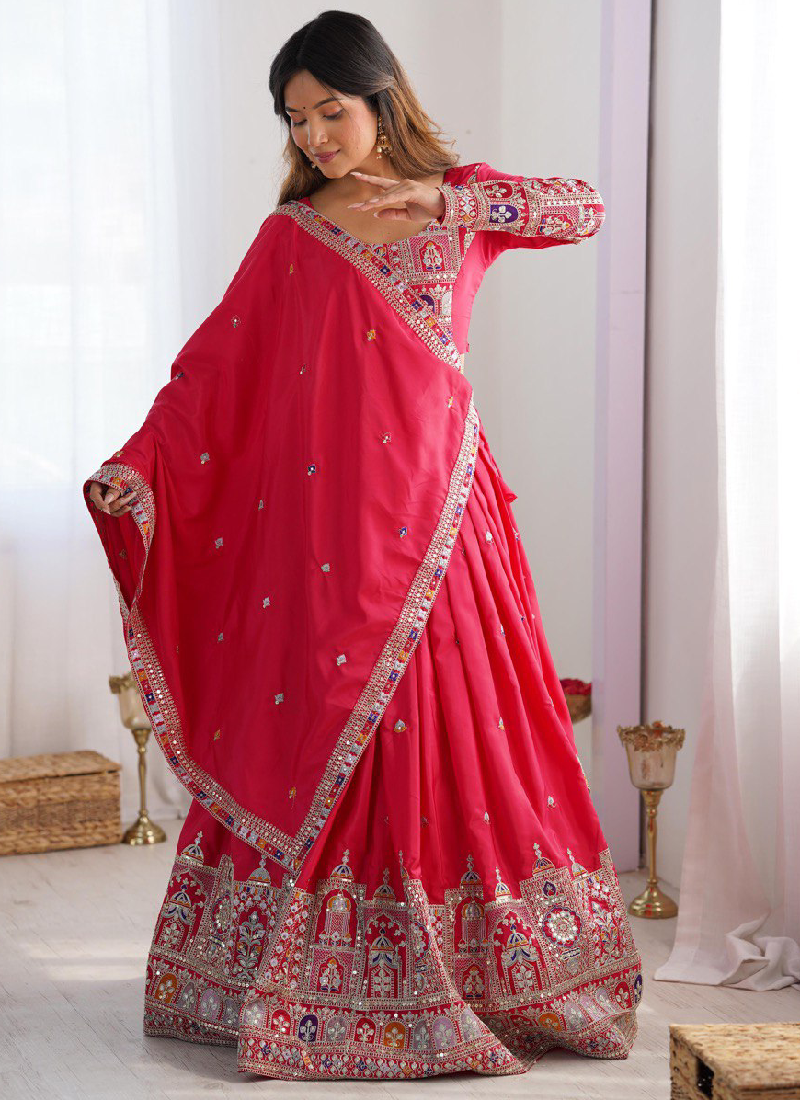 Sequence Embroidery Work Crepe Silk Red Lehenga Choli For Wedding