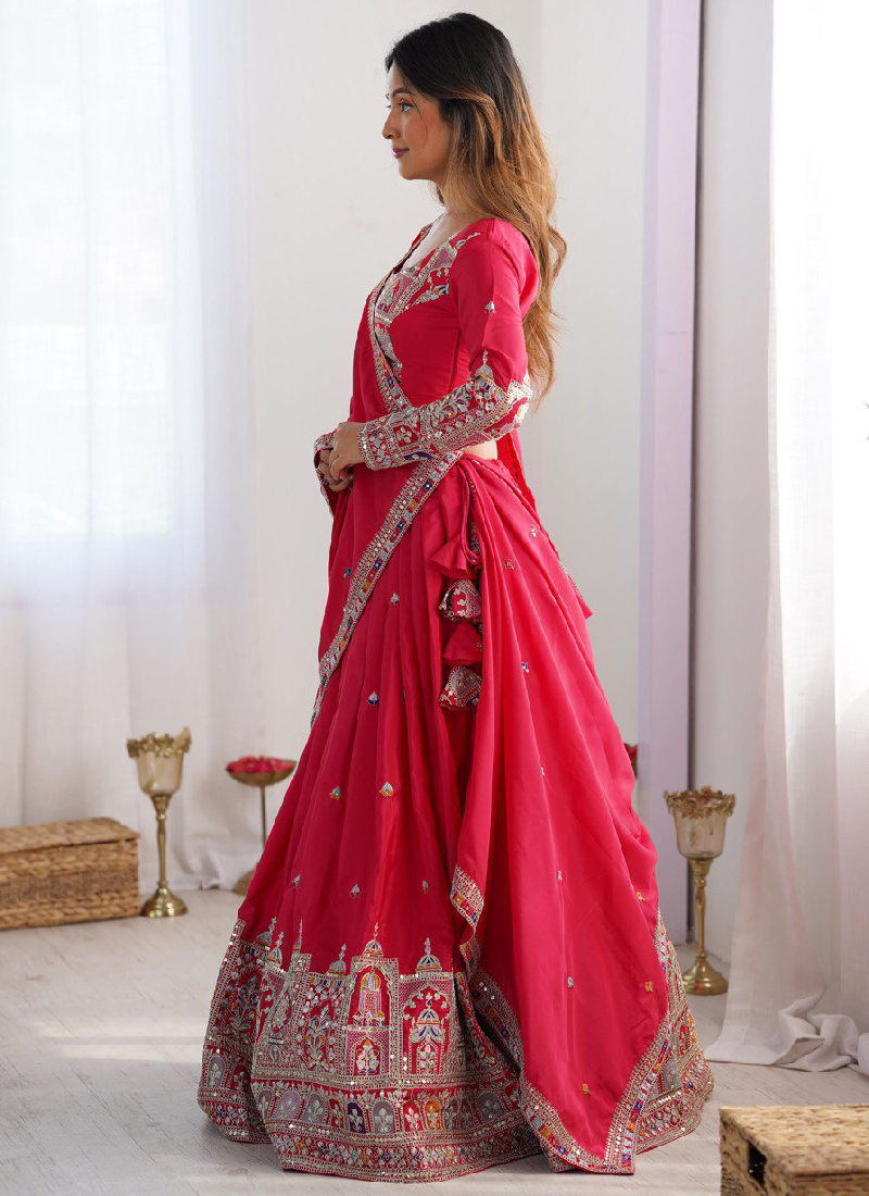 Sequence Embroidery Work Crepe Silk Red Lehenga Choli For Wedding