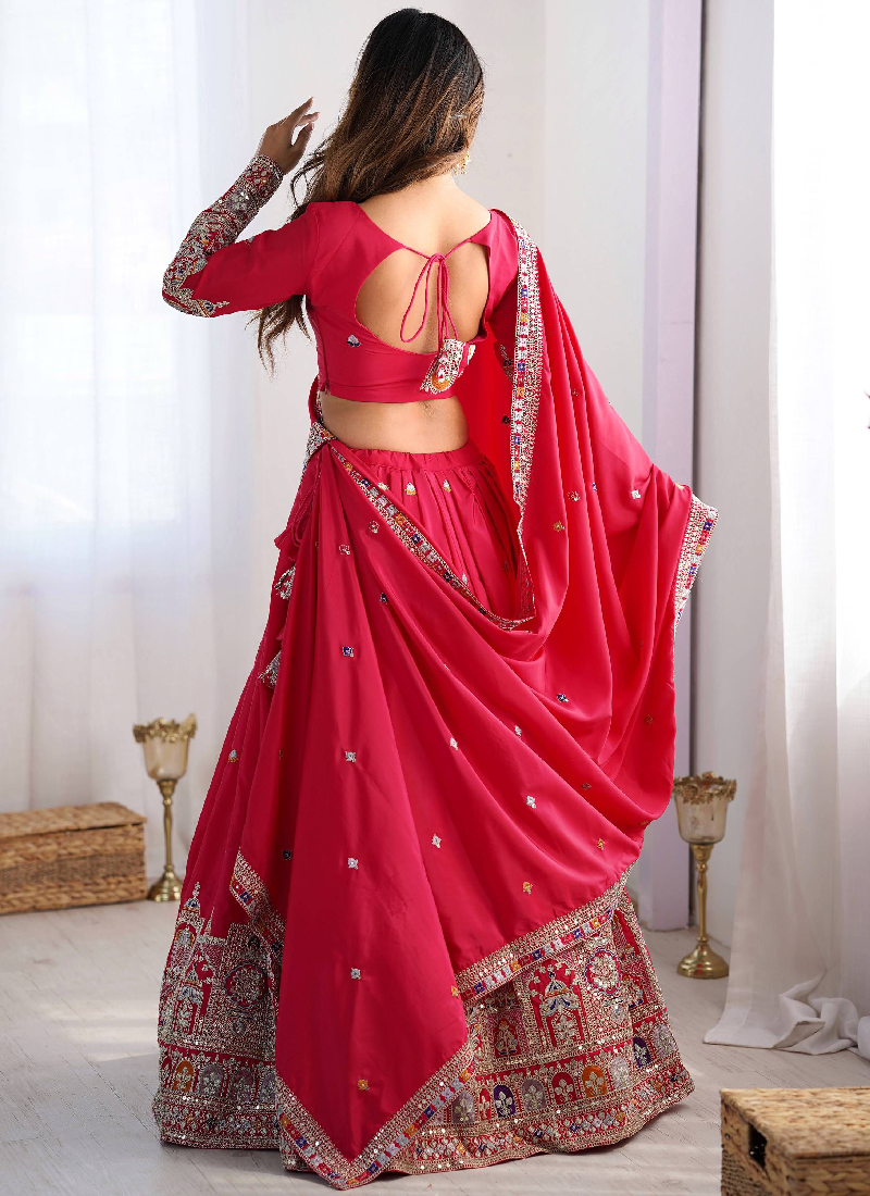 Sequence Embroidery Work Crepe Silk Red Lehenga Choli For Wedding