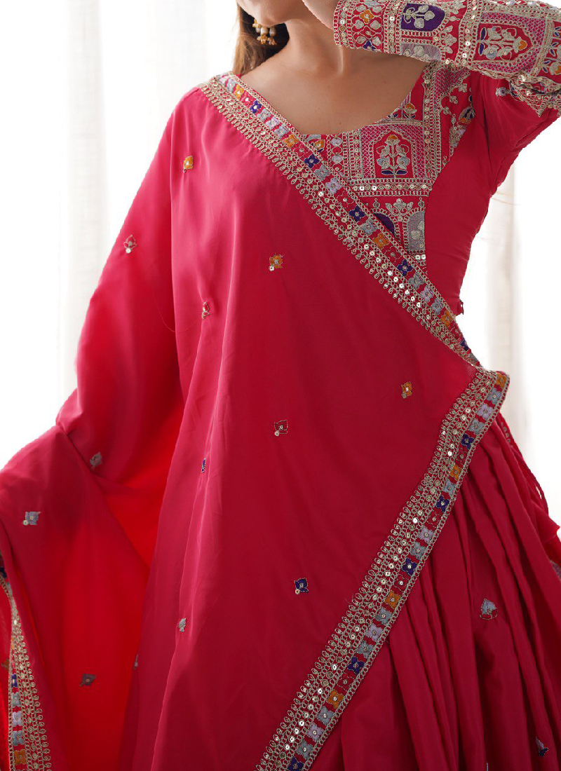 Sequence Embroidery Work Crepe Silk Red Lehenga Choli For Wedding