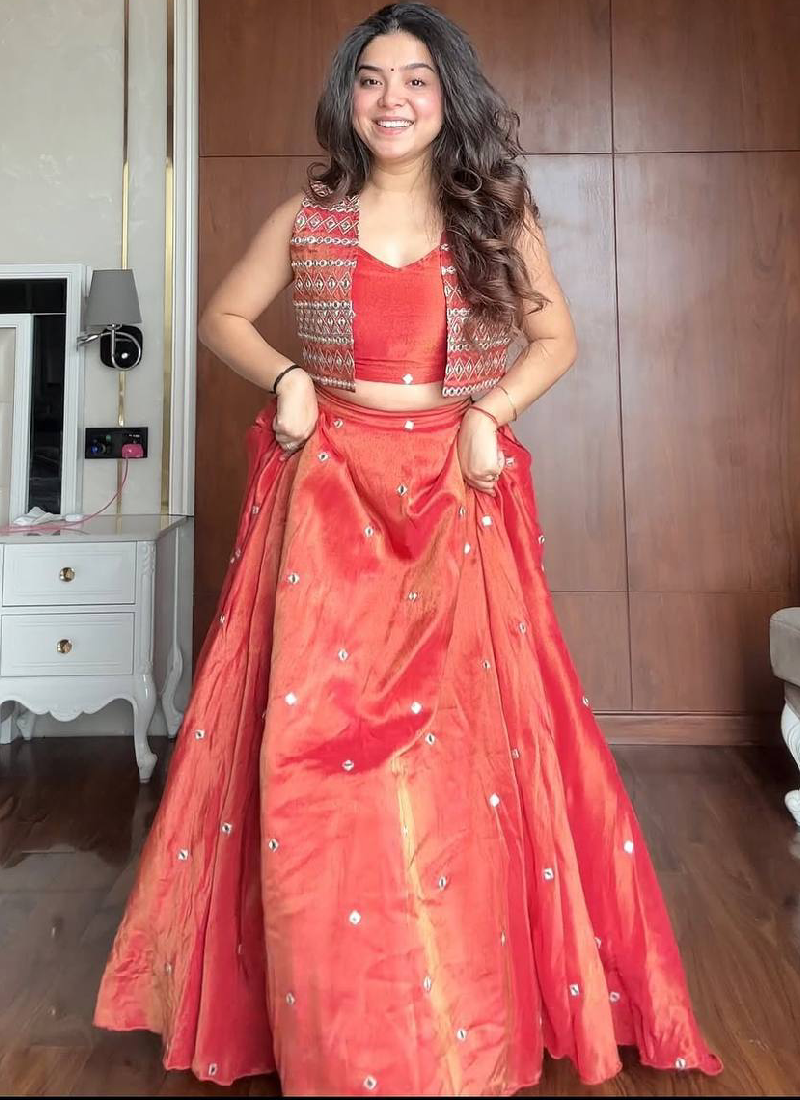 Shimmer Silk Orange Color Thread Embroidered Party Wear Crop Top