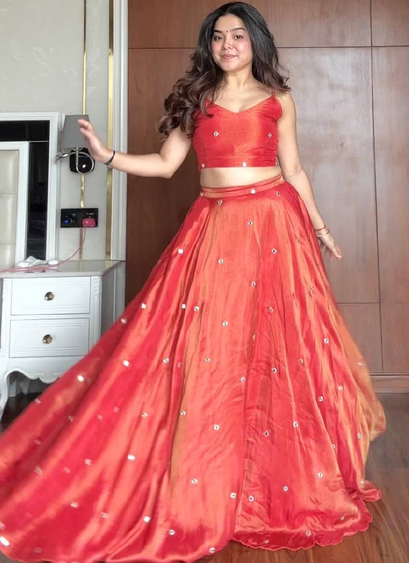 Shimmer Silk Orange Color Thread Embroidered Party Wear Crop Top