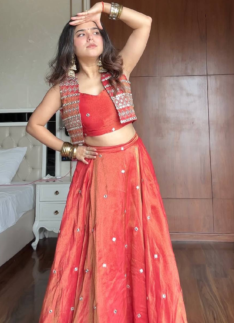 Shimmer Silk Orange Color Thread Embroidered Party Wear Crop Top