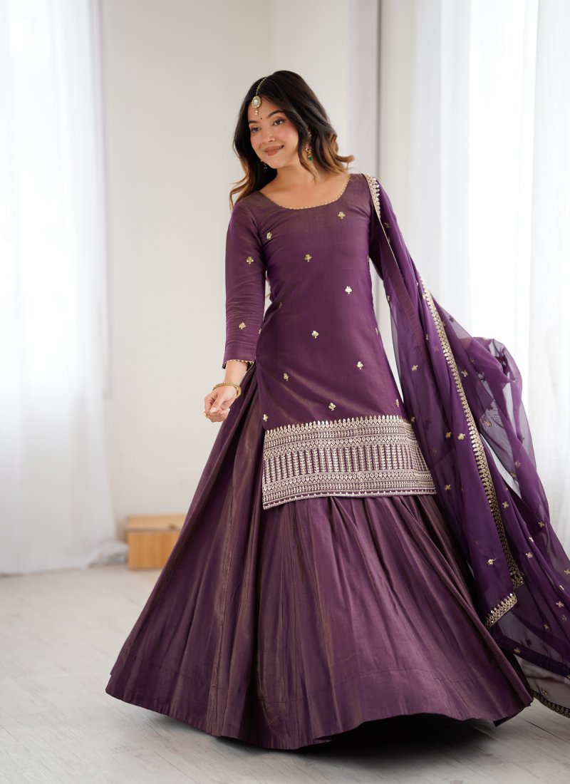 Shimmer Silk Sequence Work Party Wear Purple Kurti With Lehenga Set