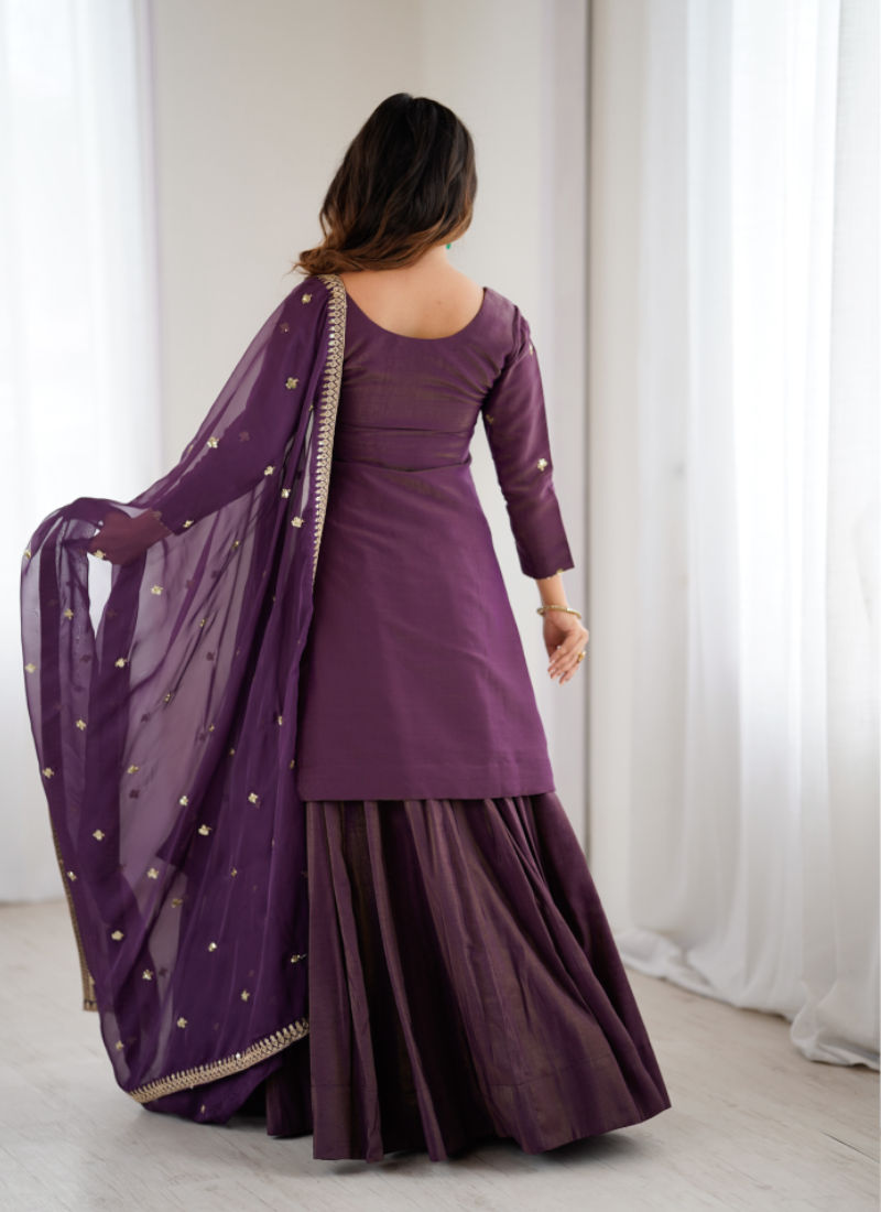 Shimmer Silk Sequence Work Party Wear Purple Kurti With Lehenga Set