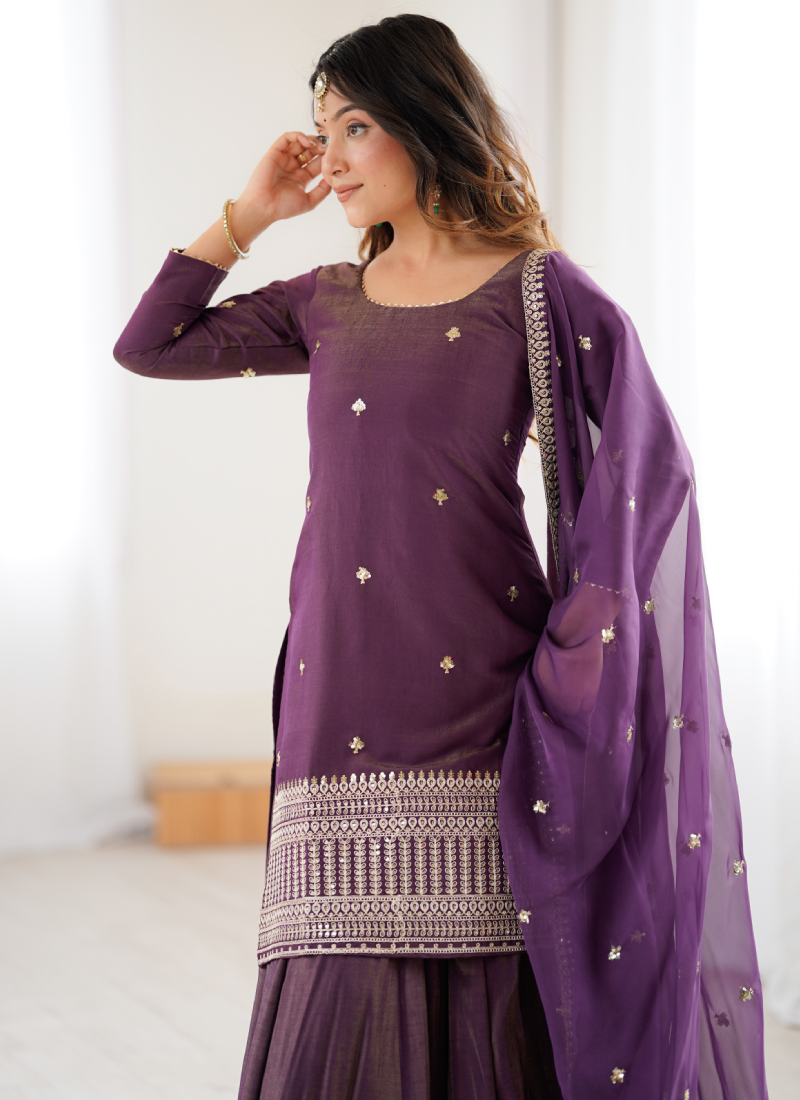 Shimmer Silk Sequence Work Party Wear Purple Kurti With Lehenga Set