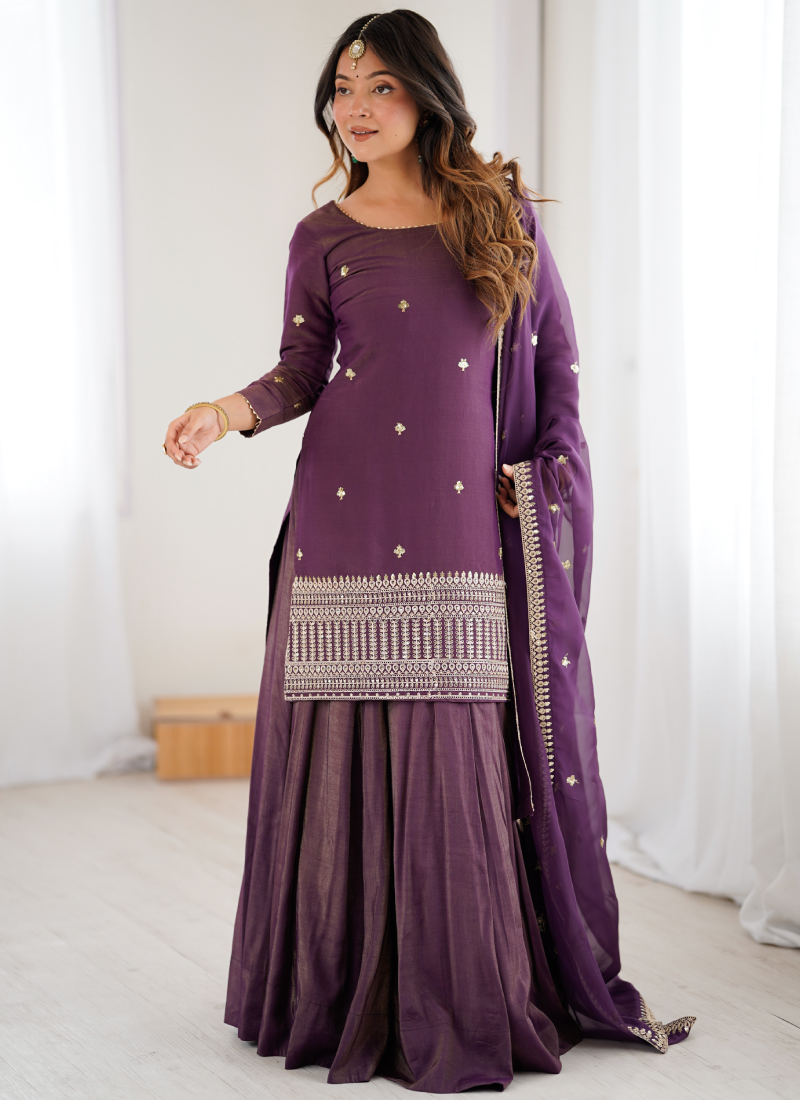 Shimmer Silk Sequence Work Party Wear Purple Kurti With Lehenga Set