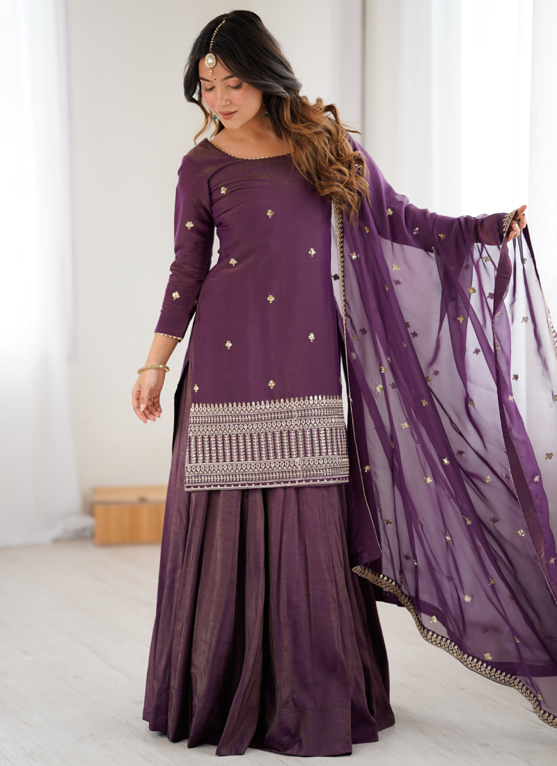 Shimmer Silk Sequence Work Party Wear Purple Kurti With Lehenga Set