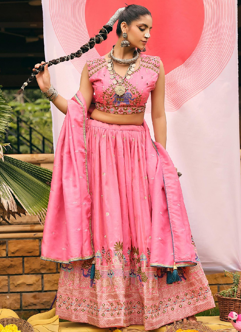 Shimmer Silk Thread Embroidered Wedding Wear Pink Lehenga Choli