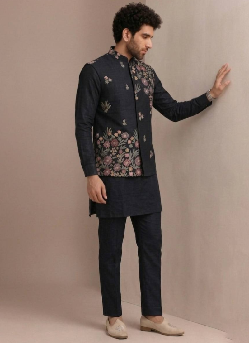 Silk Bandhgala Heavy Embroidered Black Men's Jacket With Plain Kurta