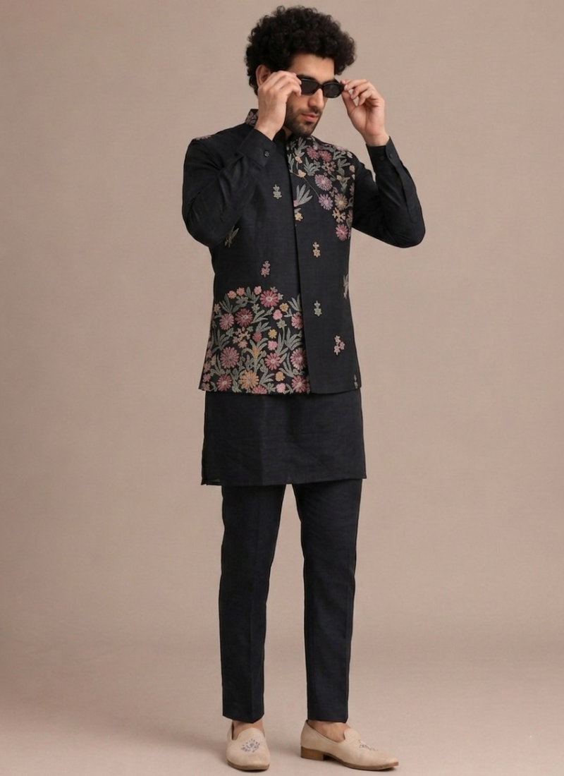 Silk Bandhgala Heavy Embroidered Black Men's Jacket With Plain Kurta