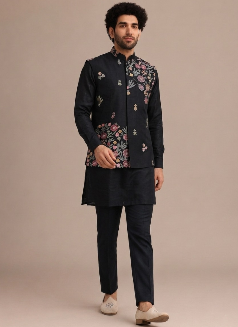 Silk Bandhgala Heavy Embroidered Black Men's Jacket With Plain Kurta