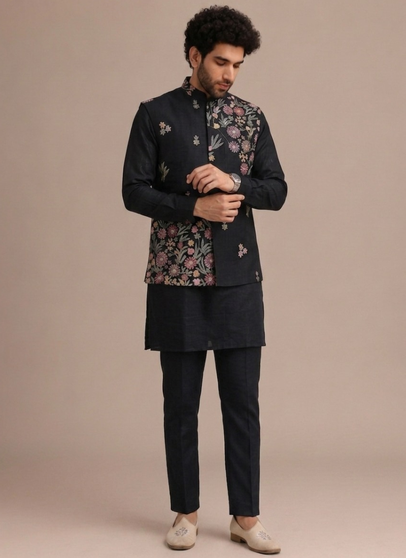 Silk Bandhgala Heavy Embroidered Black Men's Jacket With Plain Kurta