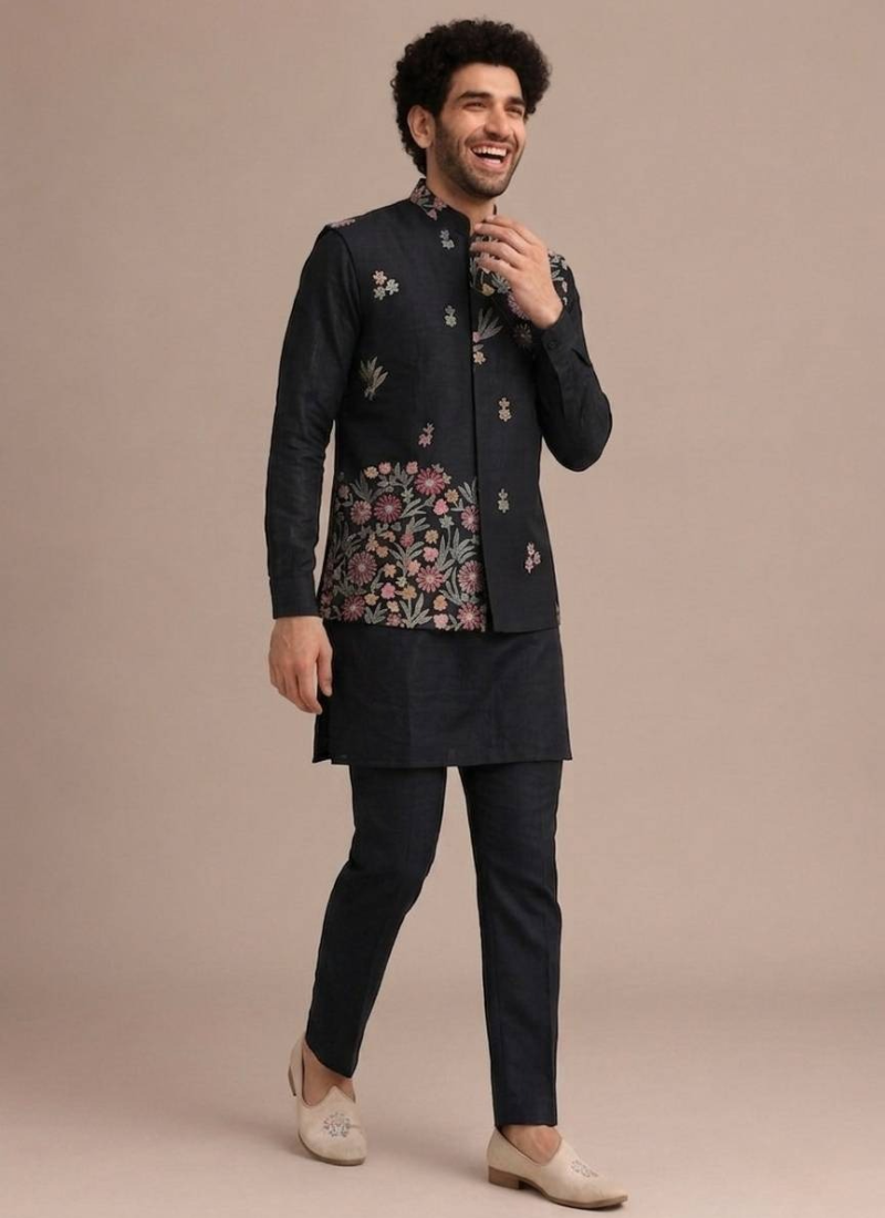 Silk Bandhgala Heavy Embroidered Black Men's Jacket With Plain Kurta