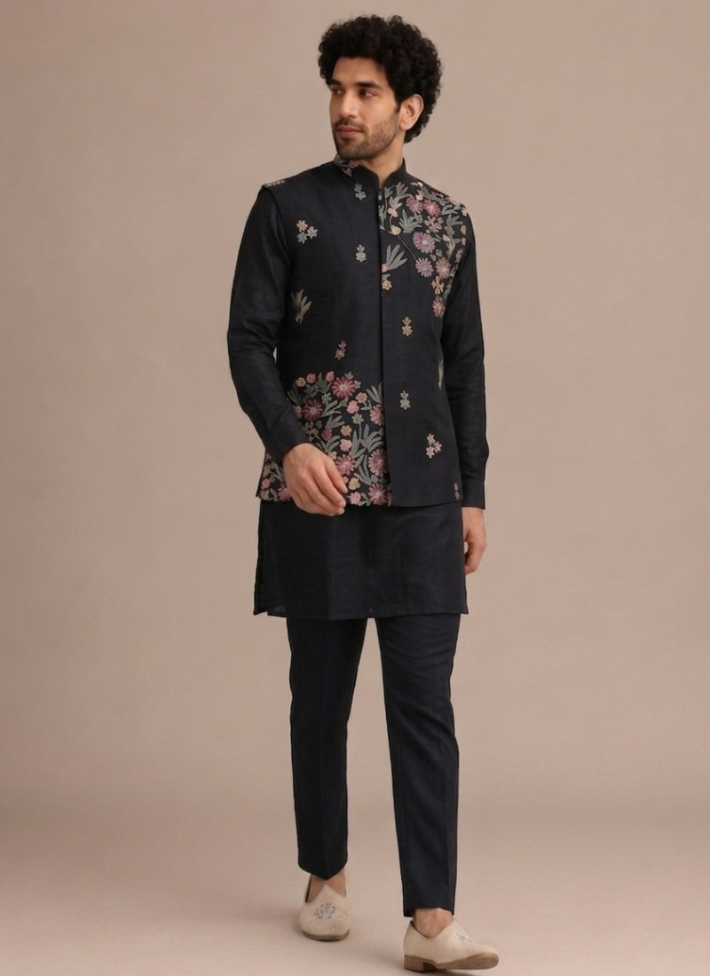 Silk Bandhgala Heavy Embroidered Black Men's Jacket With Plain Kurta