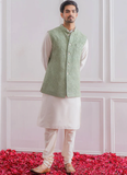 Silk Material Sequence Work White Kurta With Pista Green Jacket
