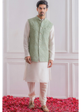 Silk Material Sequence Work White Kurta With Pista Green Jacket